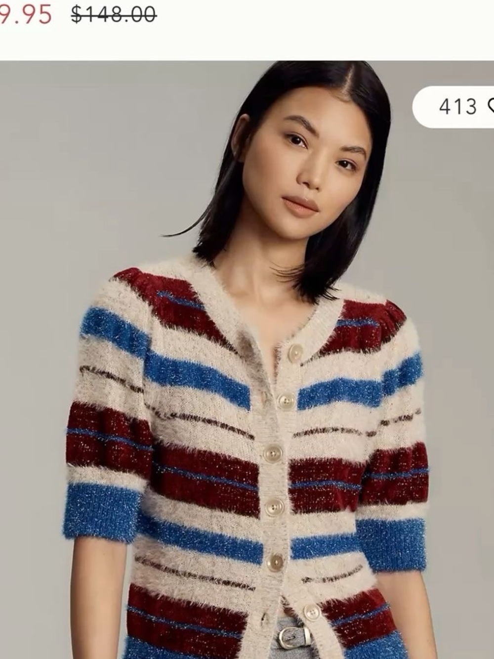 NWT Maeve Fuzzy Short-Sleeve Striped Cardigan Sweater Blue, Cream & Burgundy XS
